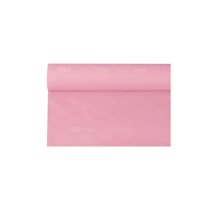 Ein ausgerolltes Stück des PAPSTAR Papiertischtuchs mit Damastprägung, in einem rosa Farbton, ruht elegant auf einem weißen Hintergrund.