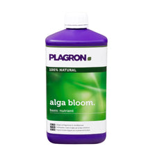Der Plagron Alga Bloom Natürlicher Pflanzendünger von Bertels B.V. wird in einer violetten Flasche mit einem grün-weißen Etikett mit Text und Grafik geliefert. Mit dem Etikett „100 % natürlich“ ist er eine ideale Basismischung für den Blütephase-Dünger.