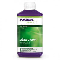 Un flacon de Plagron Alga Grow, engrais de croissance naturel de Bertels B.V., est un nutriment de base 100 % biologique destiné à favoriser la croissance. Le flacon est violet et porte une étiquette verte et blanche sur laquelle figurent la marque et les informations relatives au produit.