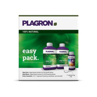 Le Plagron Easy Pack Natural de Bertels B.V. contient trois flacons dotés d'étiquettes vertes et violettes pour les produits « Alga Grow » et « Alga Bloom », ainsi qu'un petit gobelet doseur. Il utilise un engrais de base biologique et garantit ainsi une nutrition précise des plantes dans un emballage compact.