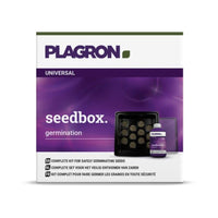 A box labeled “Plagron Seedbox – Compact Planting Kit for Seedlings | 1 piece” by Bertels B.V. contains a tray with compartments, a bottle of Seedbooster, and instructions in English, Dutch, and French on the packaging.