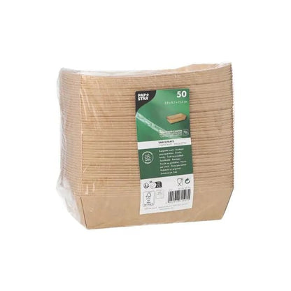 50 vassoi per snack rettangolari marroni PAPSTAR GmbH in cartone "pure" in pellicola trasparente con etichetta frontale verde-bianca con informazioni sul prodotto.