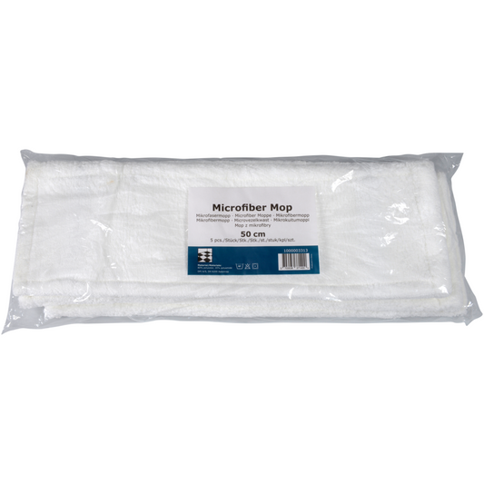 Abgebildet ist ein verpackter Mikrofasermopp Standard, Weiß der Abena Re-Seller GmbH mit einer Länge von 50 cm in einer durchsichtigen Kunststoffhülle mit einem Produktetikett, das den Namen, die Größe und Informationen zur nachhaltigen Reinigung enthält.