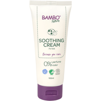A white 100-ml tube of Bambo Nature skin care cream by Abena Re-Seller GmbH, dye- and fragrance-free, ideal for sensitive skin, with a purple cap, green logo, and certification symbols. Sold as a pack (6 pieces).