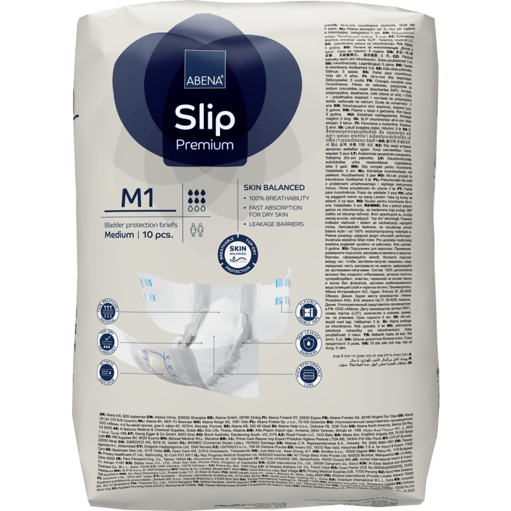 Eine Packung ABENA Slip Premium von Abena Re-Seller GmbH, mittlere Größe, 10 Stück. Entwickelt für die Inkontinenzversorgung mit mehrsprachiger Verpackung, die Merkmale, Zertifizierungen und Gebrauchsanweisungen enthält.