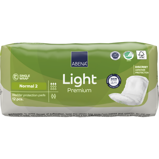 Eine Packung ABENA Light Normal 2, Premium von Abena Re-Seller GmbH enthält 12 Paar. Die grün-weiße Verpackung zeichnet sich durch diskreten Schutz, Single-Wrap, Auslaufsicherheit und Hautfreundlichkeits-Zertifizierung aus.