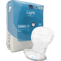 Una confezione di ABENA Light Super 4, Premium della Abena Re-Seller GmbH contiene 30 salvaslip. Uno salvaslip è raffigurato all’esterno della confezione blu e bianca, sulla quale sono riportati i dettagli del prodotto e le icone.