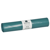 Un rouleau de sacs poubelle bleus Abena Re-Seller GmbH en LDPE de 140 L (900 x 1 100 mm, 38 my, 25 sacs/rouleau), muni d'une étiquette blanche portant les mentions « Sacs poubelle », « Sacs poubelle », les indications de dimensions et les symboles de recyclage.
