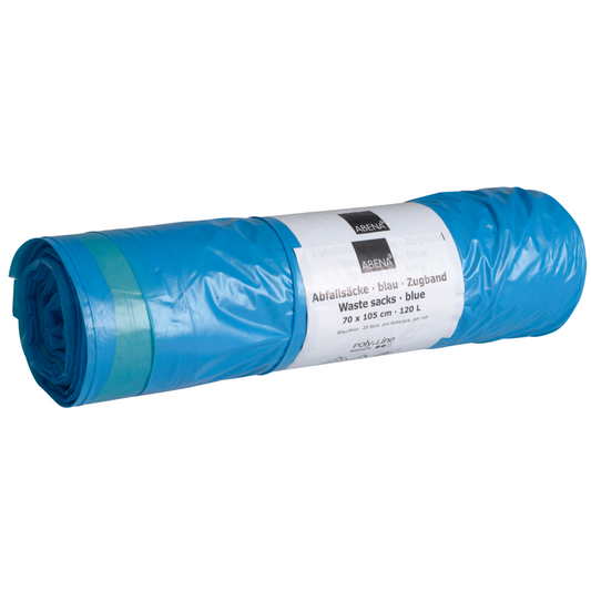 Eine Rolle Abena Re-Seller GmbH Abfallsäcke 120 L mit Zugband, 700x1050mm, 38 my, blau; weißes Etikett mit Info in Deutsch/Englisch. Jede Rolle enthält 25 Säcke, ideal für die Müllentsorgung.