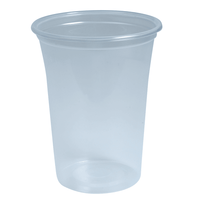 La photo représente un verre à boire transparent de la marque Abena Re-Seller GmbH, en polypropylène incassable, sur fond blanc. Ce verre, qui passe au lave-vaisselle, présente un bord légèrement évasé et des parois lisses.