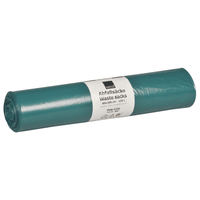 È visibile su sfondo bianco un rotolo di sacchetti per rifiuti Abena Re-Seller GmbH da 125 L (800x1000 mm, 48 my, LDPE, blu), rotolo da 25 sacchetti; l’etichetta bianca riporta le indicazioni relative alle dimensioni e al volume in tedesco e in inglese.
