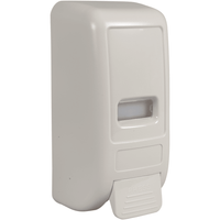 Le distributeur à bouton-poussoir d'Abena Re-Seller GmbH (1 000 ml, blanc) est un distributeur de savon à fixation murale, doté d'un levier rectangulaire portant l'inscription « PRESS » et d'une petite fenêtre permettant de vérifier le niveau de remplissage.