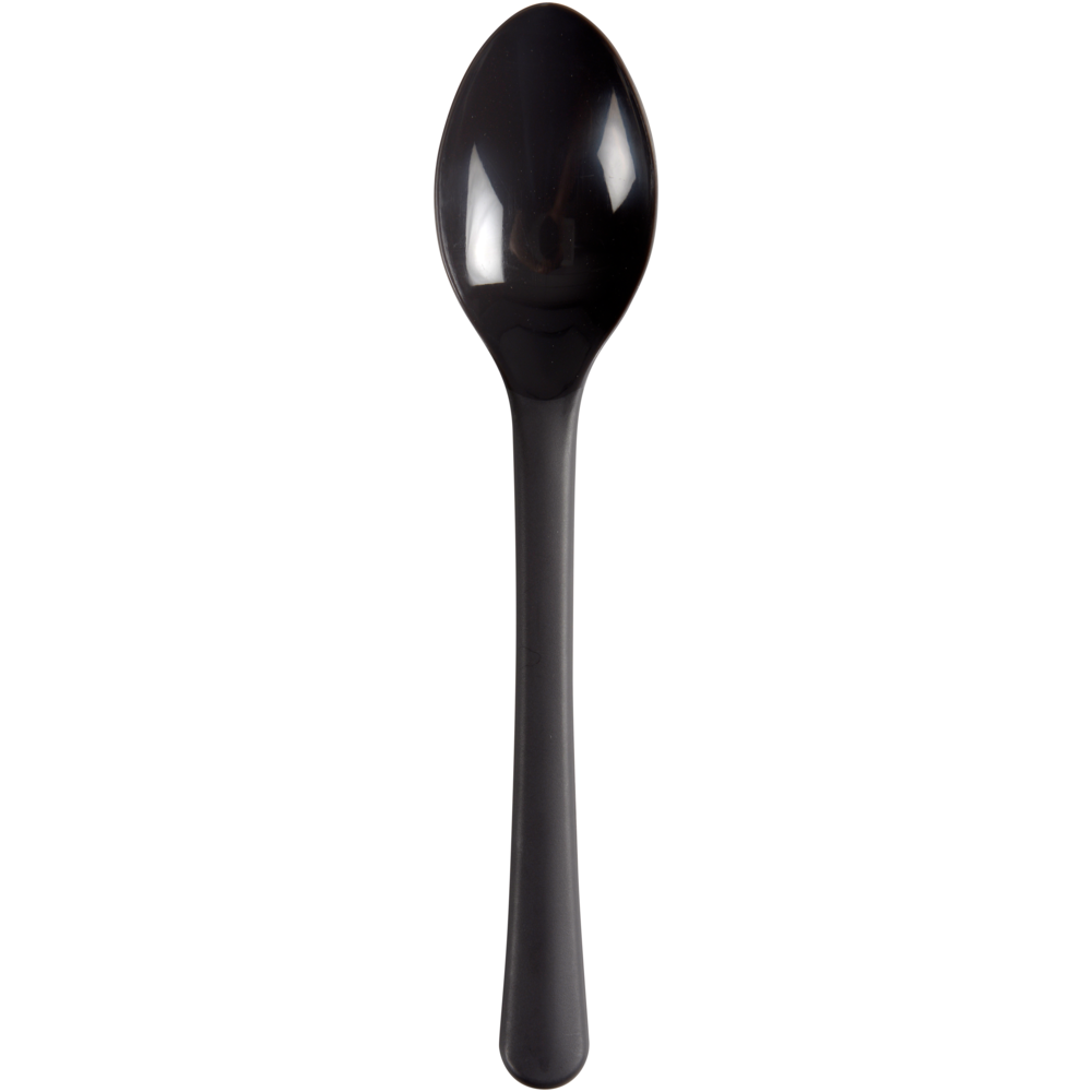 Une cuillère réutilisable noire (18,5 cm) en PP de Abena Re-Seller GmbH (paquet de 50 pièces) repose sur un fond blanc. Ce couvert écologique est idéal pour une utilisation quotidienne durable.