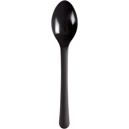 Une cuillère réutilisable noire (18,5 cm) en PP de Abena Re-Seller GmbH (paquet de 50 pièces) repose sur un fond blanc. Ce couvert écologique est idéal pour une utilisation quotidienne durable.