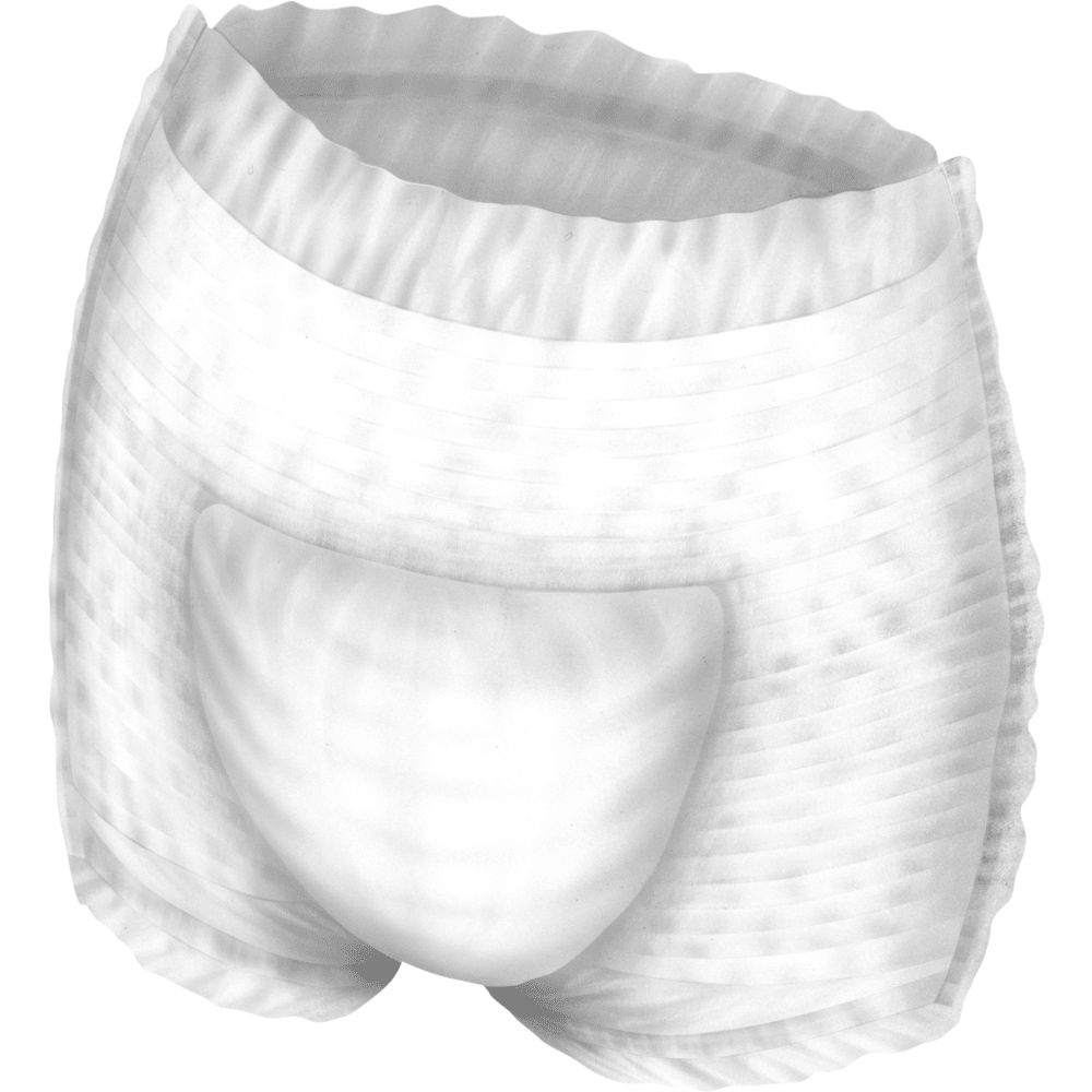 Nahaufnahme einer einzelnen ABENA Pants Special Premium von Abena Re-Seller GmbH, mit elastischem Bund und Beinöffnungen, von vorne und leicht von oben gesehen.