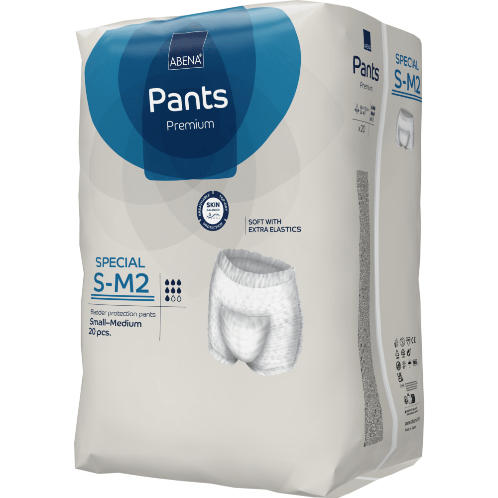 Eine Packung ABENA Pants Special Premium von Abena Re-Seller GmbH, Größe S-M2, für den Blasenschutz bei Erwachsenen, enthält 20 Pants. Die Verpackung ist hauptsächlich beige mit blauen Akzenten und Produktbildern.