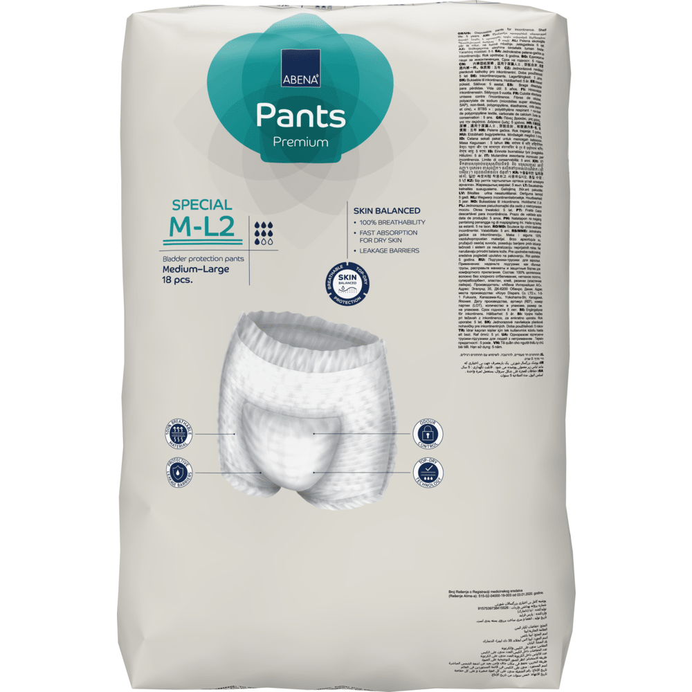 Eine Packung ABENA Pants Special Premium von Abena Re-Seller GmbH, Größe mittelgroß, 18 Stück. Die Verpackung zeigt die Produktdetails, das Bild der Hose und Informationen zur Hautbalance für die Inkontinenzversorgung von Erwachsenen.