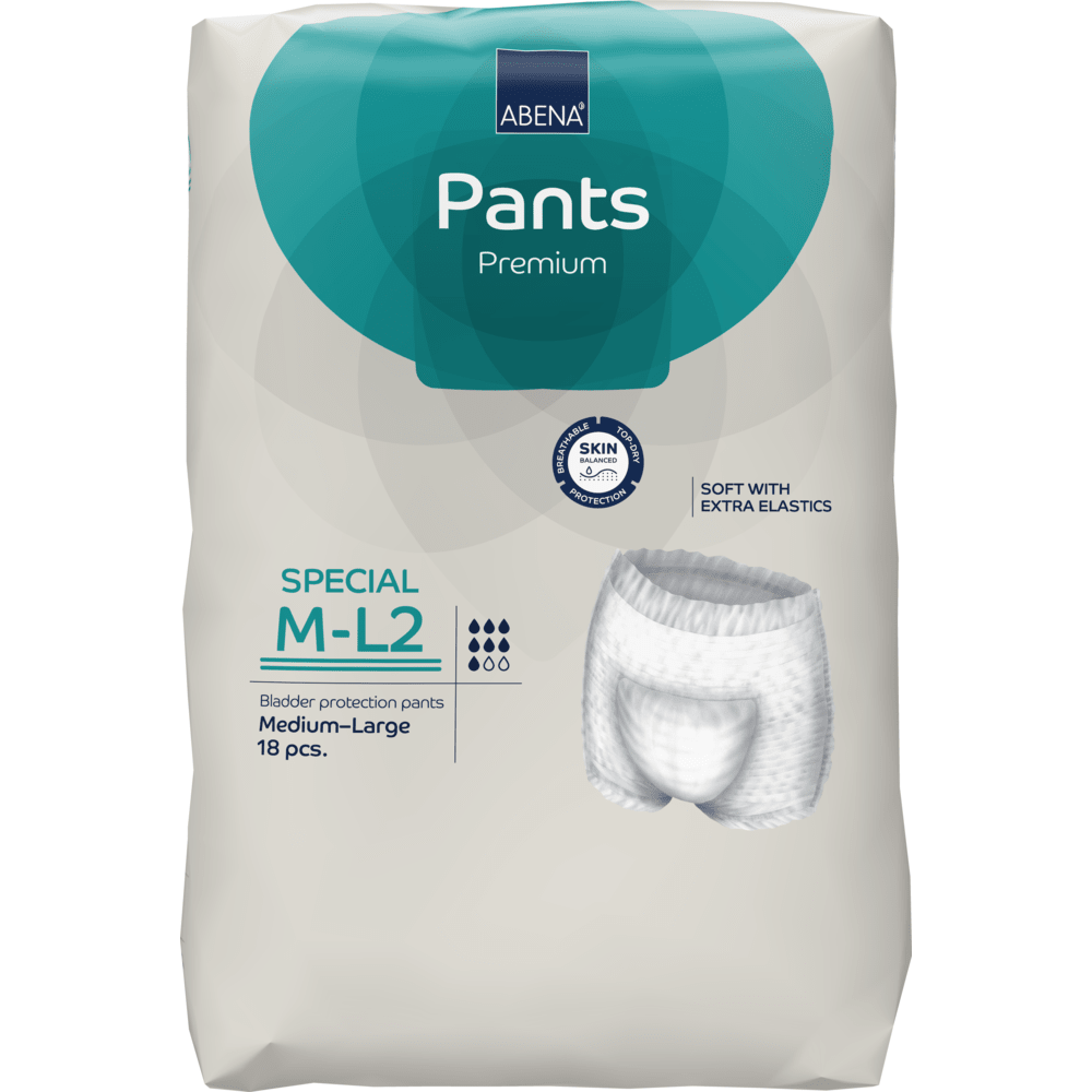 Eine Packung ABENA Pants Special Premium von Abena Re-Seller GmbH für Erwachsene, Größe Medium-Large, enthält 18 Stück in einer hellen Verpackung mit teal-blauen Akzenten und Produktdetails.