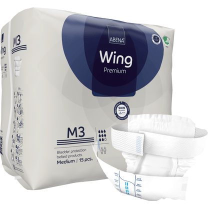 Un paquet de couches pour adultes ABENA Wing Premium de Abena Re-Seller GmbH, taille M3, contient 15 pièces. Une couche est illustrée à l'avant pour mettre en valeur son design et ses languettes pour une protection et un confort optimaux. L'emballage montre des détails sur le produit et la marque.