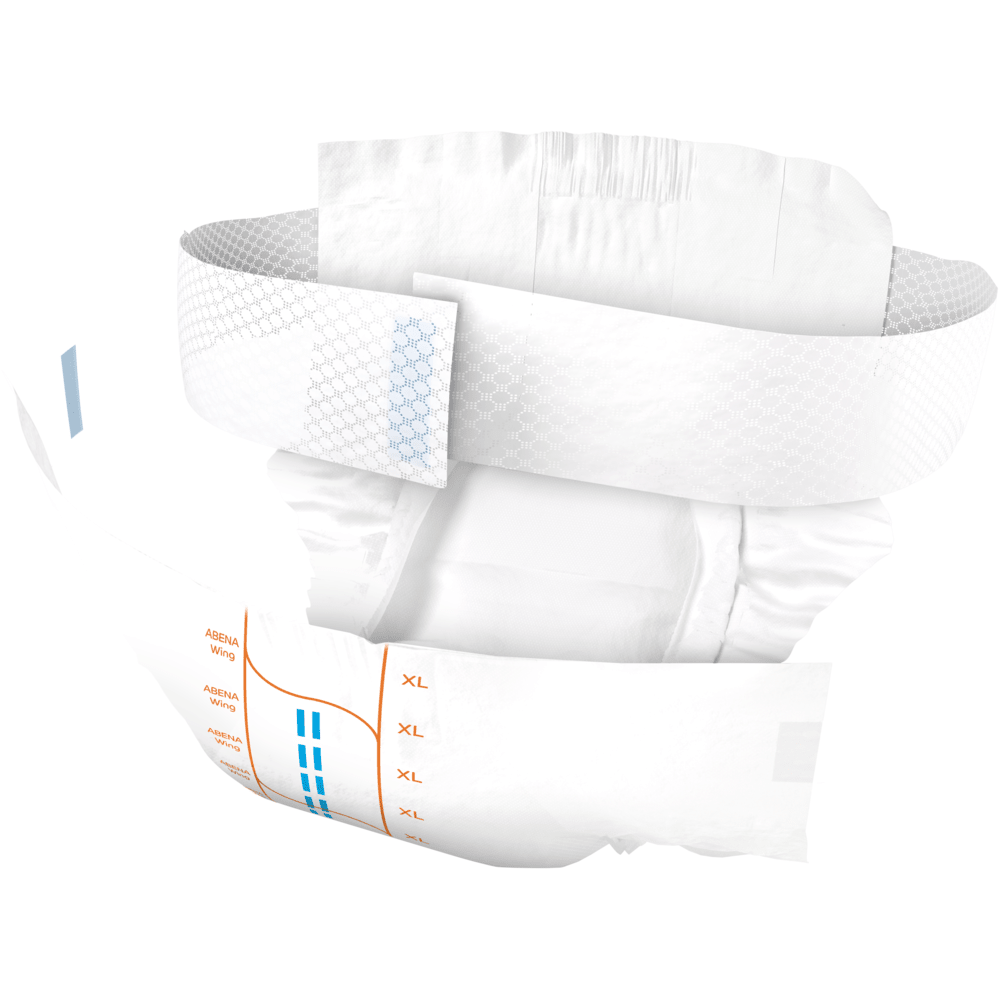 La couche jetable pour adultes ABENA Wing Premium d'Abena Re-Seller GmbH est montrée isolée et dispose de languettes latérales réglables, d'un rembourrage absorbant, d'une ceinture élastique et de marques de taille orange et bleue pour une protection et un confort optimaux.