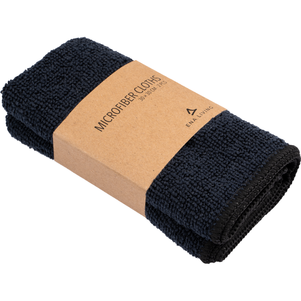 Ein Set von zwei schwarzen ENA Living Mikrofasertüchern (30x30 cm) von Abena Re-Seller GmbH, jeweils gefaltet mit einem braunen Etikett mit der Aufschrift "Microfiber Cloths 30 x 30 cm" und einem minimalistischen Logo - ideal für die Verwendung als Reinigungstücher im Haushalt.