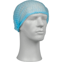 Un manichino bianco in vetrina indossa una cuffia a clip Abena Re-Seller GmbH di colore azzurro, in PP, che, grazie al suo sottile tessuto non tessuto, è ideale per le strutture sanitarie e come protezione igienica.