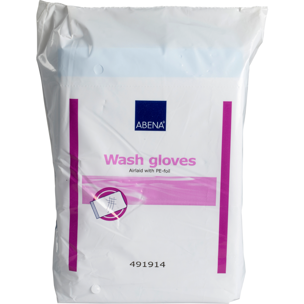 Eine versiegelte Packung Abena Re-Seller GmbH Waschhandschuhe, 16x23 cm, Airlaid/PE, Weiß (Packung mit 50 Paaren), mit rosa akzentuierter weißer Verpackung.