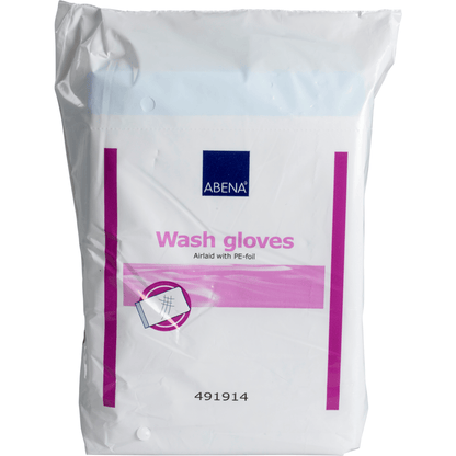 Un emballage en plastique scellé contenant 50 gants de toilette Abena Re-Seller GmbH (16x23 cm, Airlaid/PE, blanc) a un emballage blanc avec des accents roses et bleus, une illustration de gant et le numéro de produit 491914 en bas.