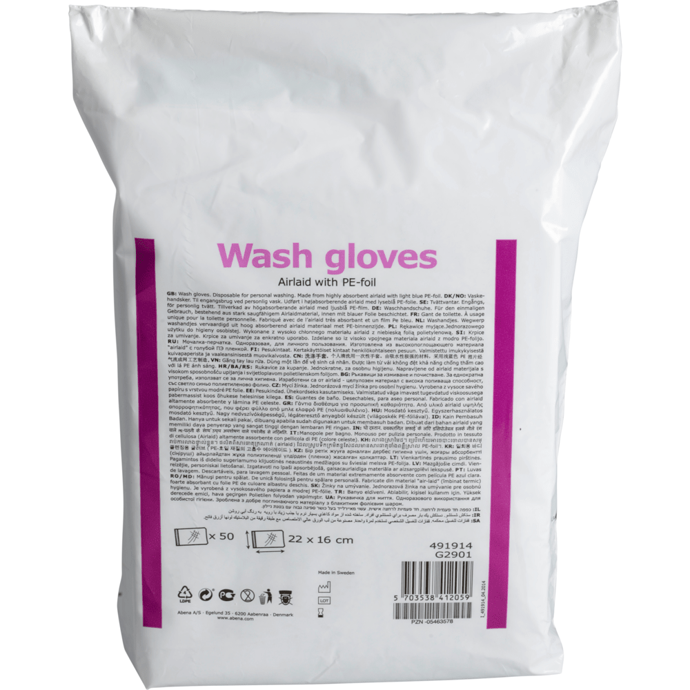 Un emballage blanc avec l'inscription "Gants de toilette" en lettres violettes de Abena Re-Seller GmbH contient 50 gants jetables Airlaid/PE au format 16 x 23 cm - idéal pour une utilisation hygiénique et confortable.