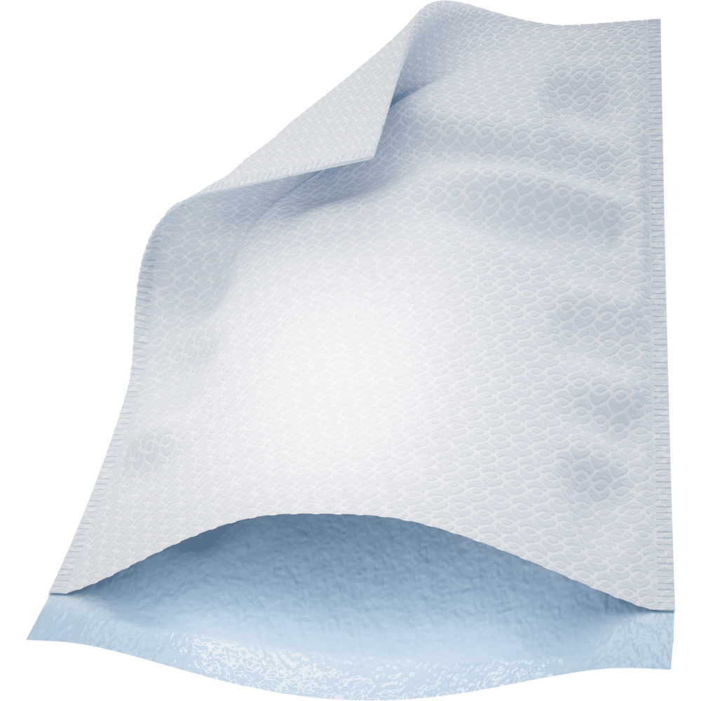 Un gros plan d'un gant de toilette Abena Re-Seller GmbH (16x23 cm, Airlaid/PE, blanc, 50 pièces) montre le dessus blanc texturé en Airlaid/PE et le dessous bleu imperméable, avec un coin soulevé pour rendre visible le dessous.