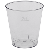 A transparent 2 cl shot glass from Abena Re-Seller GmbH, made of polystyrene (PS), is shown standing upright and empty against a white background. Sold in packs of 50.