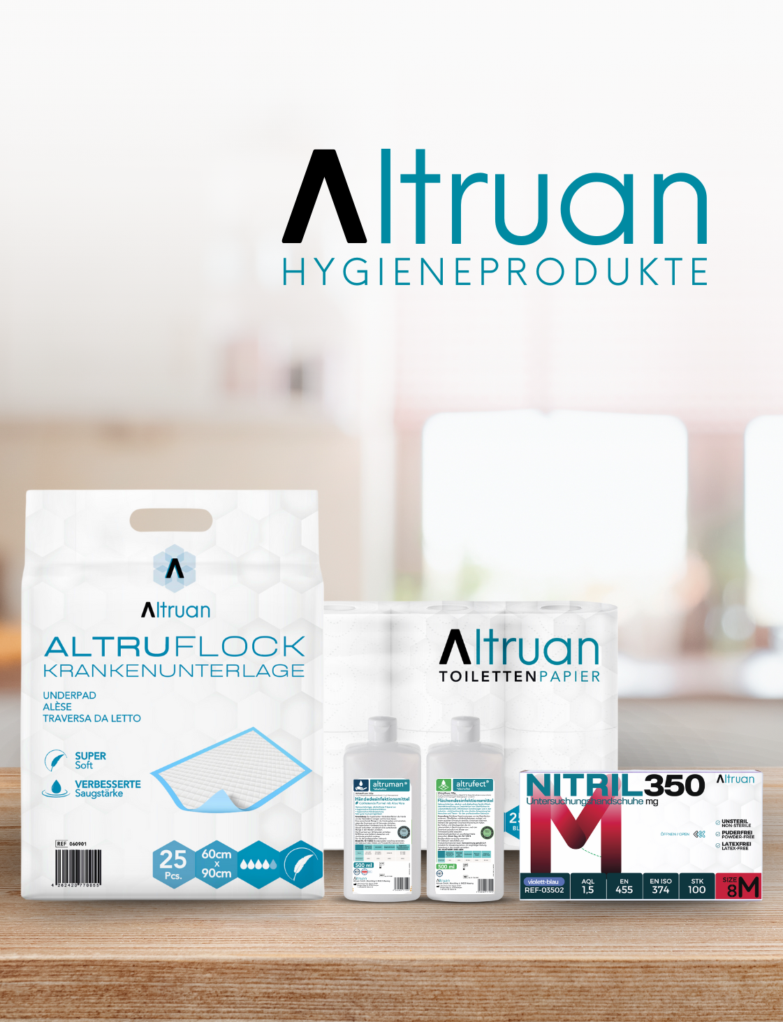 Ein Produktbild mit Hygieneprodukten von Altruan. Enthalten sind eine Packung Unterlagen, Toilettenpapierrollen, eine Schachtel Nitrilhandschuhe und zwei Flaschen Handdesinfektionsmittel. Das Altruan-Logo und „HYGIENEPRODUKTE“ sind deutlich über den Produkten zu sehen.