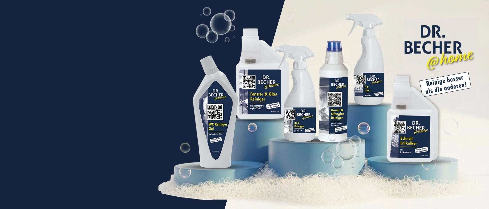 Dr. Becher @home Reinigungsprodukte auf Podesten arrangiert, darunter WC-Reiniger, Fenster- & Glasreiniger, Badreiniger, Kamin- & Ofenglasreiniger sowie Entkalker, umgeben von Seifenblasen und Schaum vor blau-hellem Hintergrund.