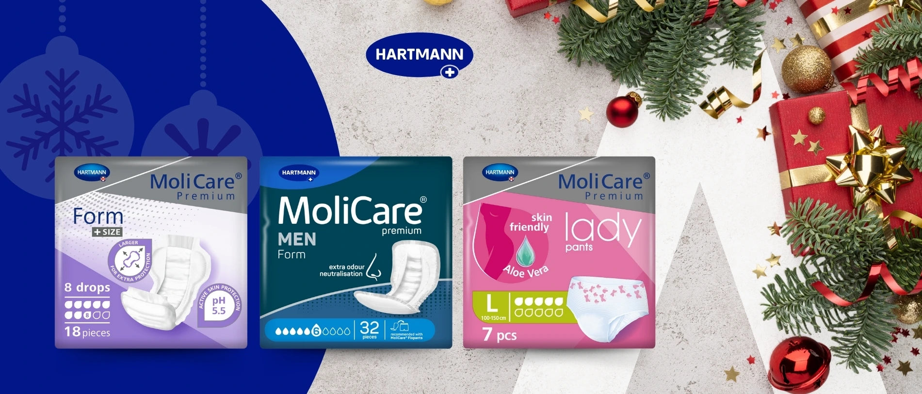 Weihnachtliche Werbegrafik von HARTMANN: Drei MoliCare Premium Inkontinenzprodukte nebeneinander – „Form“, „Men Form“ und „Lady Pants“. Im Hintergrund festliche Dekoration mit Tannenzweigen, Christbaumkugeln und Geschenken. Oben mittig das HARTMANN-Logo. Darstellung von Inkontinenzlösungen für Frauen und Männer.
