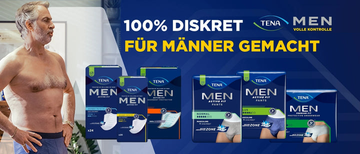 Werbegrafik für TENA Men Inkontinenzprodukte. Links steht ein älterer, oberkörperfreier Mann in Unterwäsche in einem Wohnraum. Rechts sind verschiedene Verpackungen der Produktlinie TENA Men Active Fit und Premium Fit zu sehen. Oben steht der Schriftzug ‚100 % diskret – für Männer gemacht‘ sowie das TENA-Men-Logo auf blauem Hintergrund.