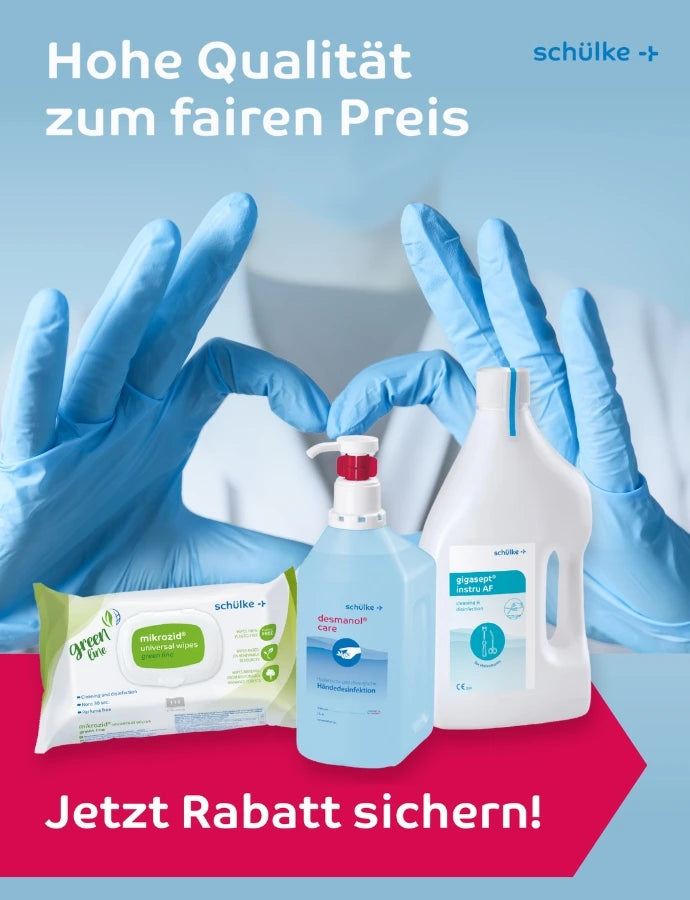 Werbebild von schülke: Blaue Einweghandschuhe formen vor hellem Hintergrund ein Herz. Davor stehen schülke-Hygieneprodukte wie Desinfektionsmittel, Reinigungstücher und ein Kanister. Im Bild steht der Text „Hohe Qualität zum fairen Preis“ sowie „Jetzt Rabatt sichern!“.