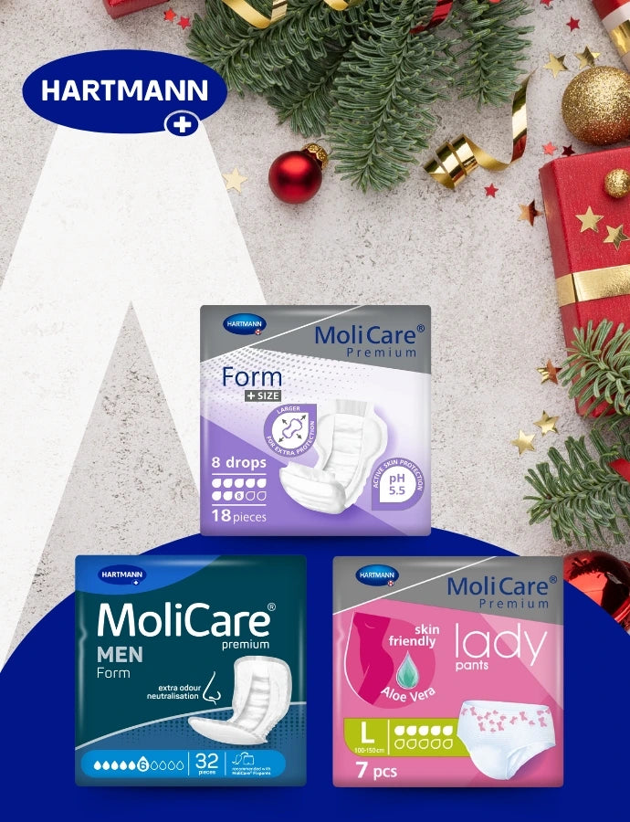 Werbegrafik von HARTMANN mit weihnachtlicher Dekoration (Tannenzweige, Christbaumkugeln, Geschenke). Abgebildet sind MoliCare Premium Inkontinenzprodukte: „Form“, „Men Form“ und „Lady Pants“. Oben links das HARTMANN-Logo. Darstellung von Inkontinenzlösungen für Frauen und Männer.