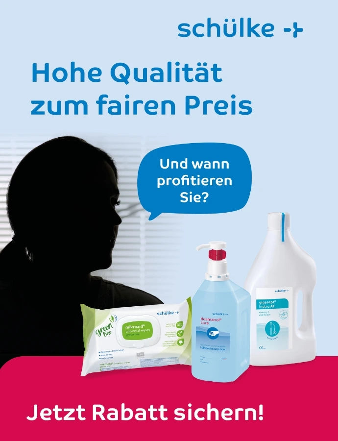 „Werbebanner von schülke+: Silhouette einer Person links, rechts mehrere Desinfektions- und Reinigungsprodukte. Text im Bild: ‚Hohe Qualität zum fairen Preis‘, ‚Und wann profitieren Sie?‘ sowie ‚Jetzt Rabatt sichern!‘.“