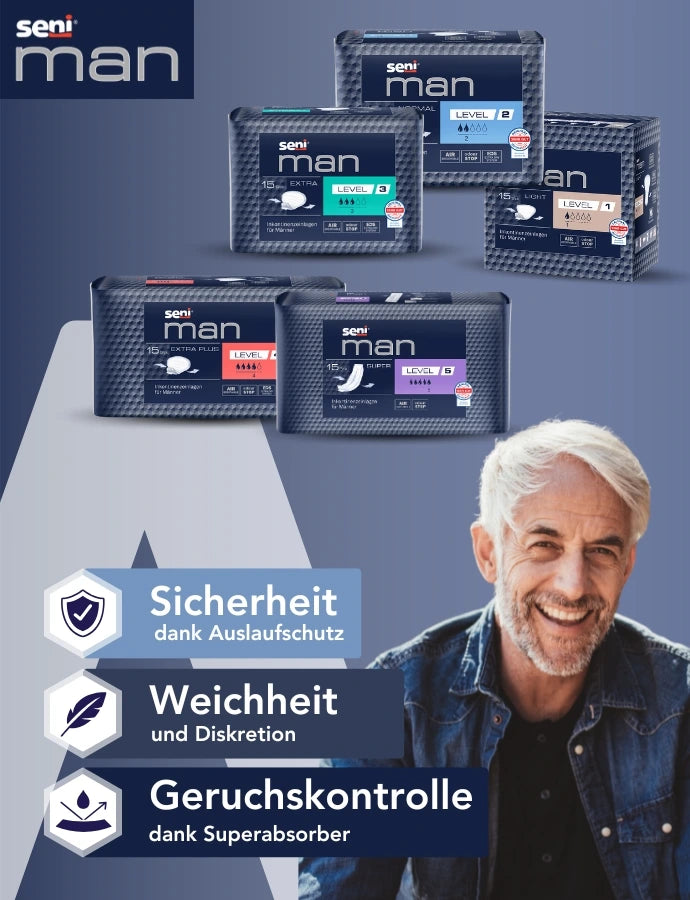 Werbemotiv für Seni Man: Mehrere Verpackungen von Seni Man Inkontinenzeinlagen für Männer in unterschiedlichen Saugstärken (Level 1 bis 5, Light, Normal, Extra, Extra Plus und Super) sind im oberen Bildbereich angeordnet. Im unteren rechten Bereich lächelt ein grauhaariger Mann in Jeanshemd entspannt in die Kamera. Links daneben werden die Produktvorteile mit Icons hervorgehoben: „Sicherheit dank Auslaufschutz“, „Weichheit und Diskretion“ sowie „Geruchskontrolle dank Superabsorber“. Farbgestaltung in Blau- 