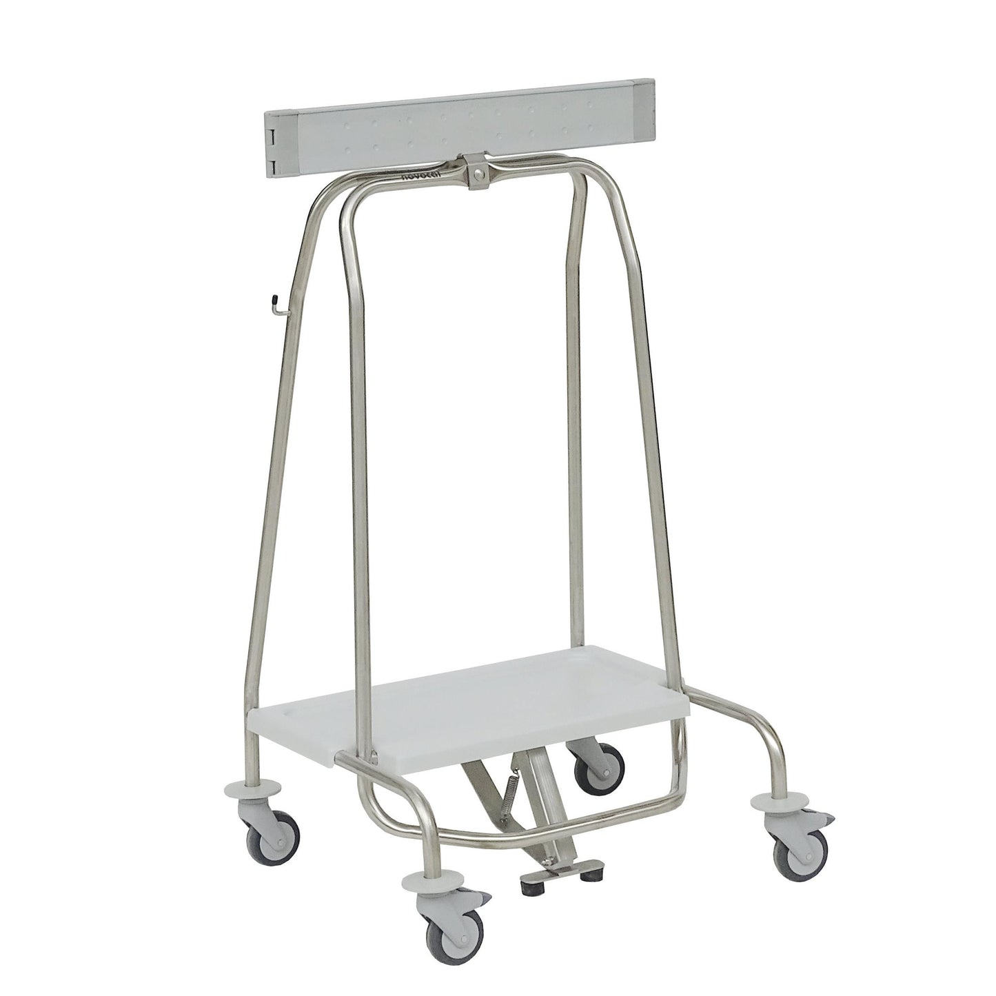 Der Novocal Abfallsammler "Genius" mit Klemmring und Pedal für 70-Liter-Beutel (Format: 57 | Packung mit 1 Stück) verfügt über vier Lenkrollen, eine flache weiße untere Ablage und eine obere Stange, abgebildet auf weißem Hintergrund.