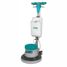 Die Arcora International GmbH Arcora Sd17 Einscheibenmaschine | 1 Set ist ideal für die professionelle Bodenreinigung, mit einer grauen Basis, türkisfarbenen Akzenten, großem Reinigungskopf und weißem Tank für effiziente Pflege.