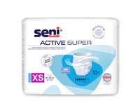 One package Seni Active Super incontinence pants by TZMO Deutschland GmbH, size XS for a waist circumference of 50–80 cm. Designed for urinary incontinence, they are breathable and keep the wearer dry, and the package contains 10 pairs in white-and-blue packaging.