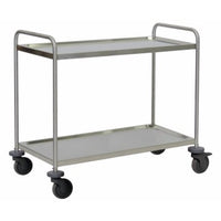 The Novocal stainless steel multipurpose cart, featuring 2 shelves, 2 push handles, 4 bumpers, and 4 smooth-rolling casters, is ideal for use as a transport cart in the food service industry. The package contains 1 unit.