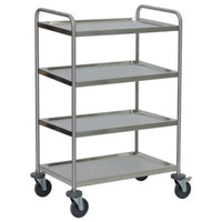 The Novocal stainless steel multipurpose cart features 4 shelves, 2 push handles, and 4 bumpers. Equipped with smooth-rolling casters, this cart is ideal for a wide range of applications and ensures easy and safe transport.