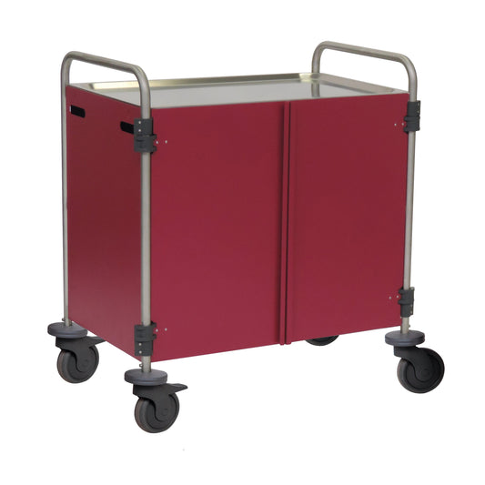 Ein rechteckiger Novocal Mehrzweckwagen, Edelstahl 3-seitig, mit vorderen Flügeltüren und Metallgriffen auf jeder Seite, verfügt über vier schwenkbare Lenkrollen. Packung: 1 Stück.