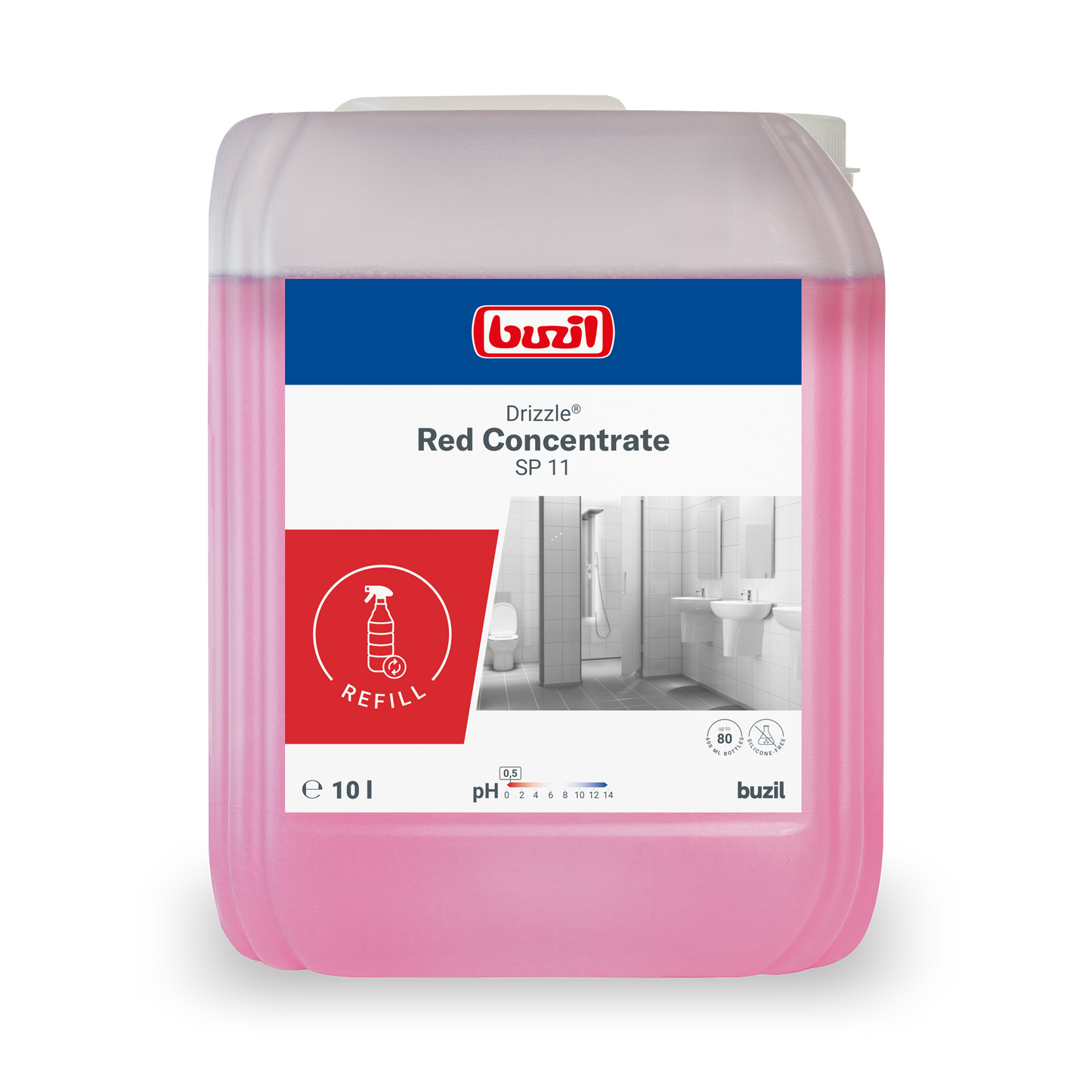 Ein 10-Liter-Kanister Drizzle® Red Concentrate Sanitärreiniger (rot) der BUZIL-WERK Wagner GmbH & Co. KG, ideal für Bad und Sanitärreinigung, verfügt über ein Etikett mit Badabbildungen und detaillierten Anwendungshinweisen.