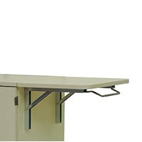 A close-up of the Novocal Fold-Down Writing Surface, a light-colored, foldable shelf from Novocal with metal brackets, shown unfolded against a plain white background.