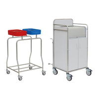 Two Novocal station carts: one with two color-coded containers (red/blue) on a fully welded stainless steel frame, and one as a white mobile cabinet with a roll-top compartment—ideal for hospitals. Brand: Novocal.