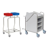 The photo shows two Novocal station carts: one with a stainless steel frame and two containers (red/blue); the other is a white cart with shelves and handles. Both feature swivel casters for mobility and fully welded round-tube joints.