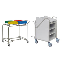 Novocal propose deux chariots de service : l'un doté d'un châssis en acier inoxydable (soudé sur tout le pourtour) et de 3 bacs à code couleur (jaune, vert, rouge), et l'autre, un chariot de service blanc destiné aux hôpitaux, équipé d'étagères et de poignées latérales. Les deux modèles sont équipés de roulettes pivotantes.